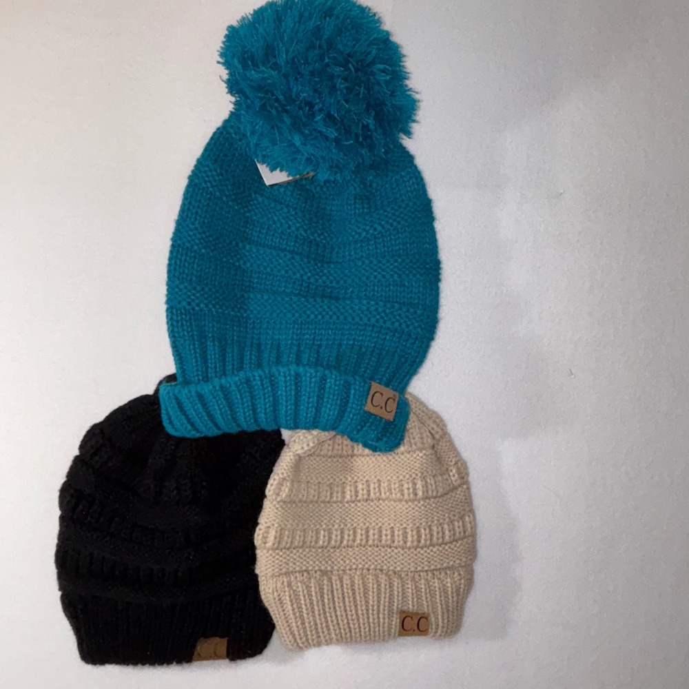 CC Beanie Women's set of 3 new hats Knit‎ Pom Pom Beanie Blue Black Tan Winter